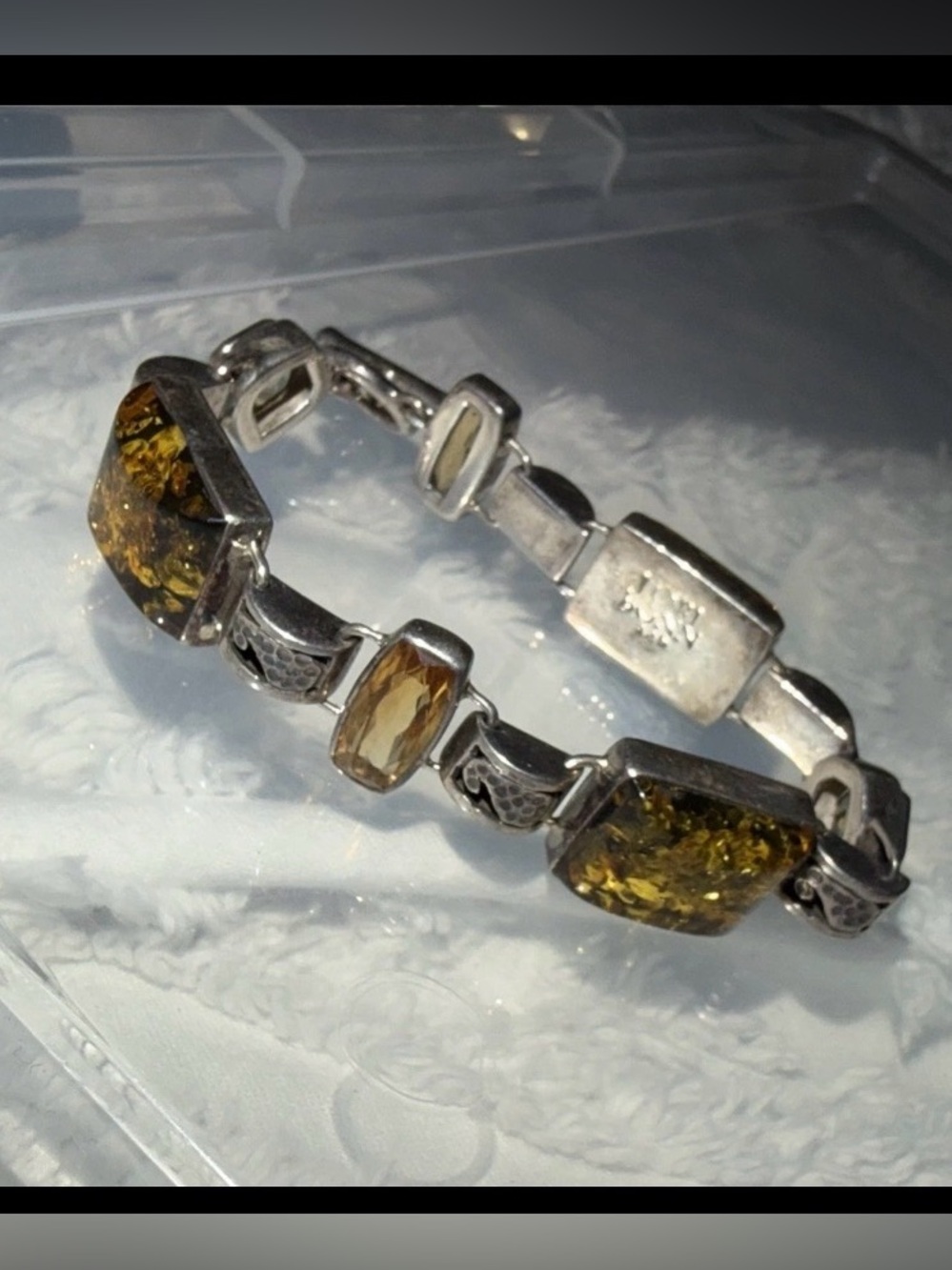 Vtg Lori Bonn Sterling silver Amber Citrine Panel Link Toggle Bracelet 925 8”